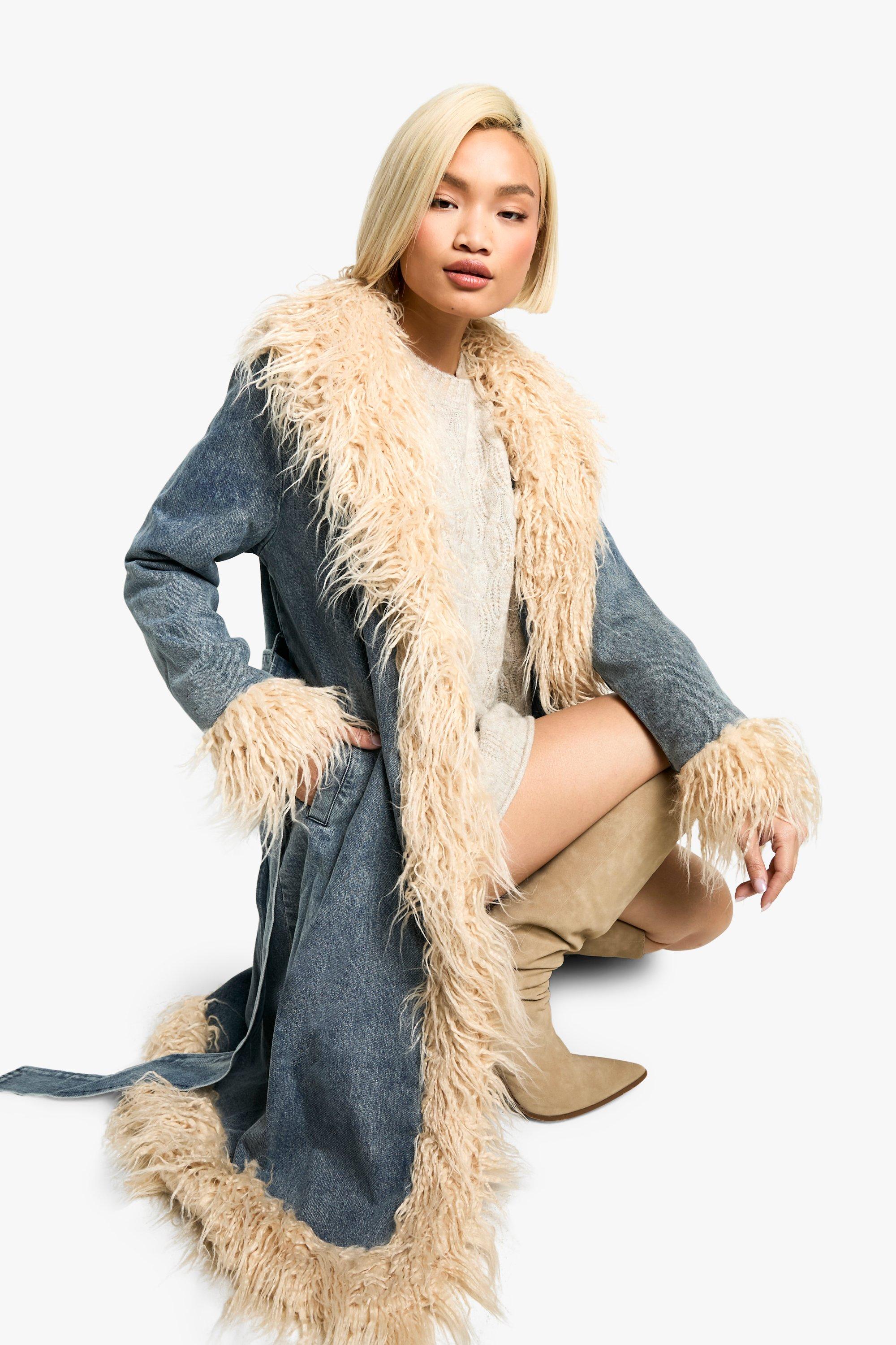 Faux Fur Trim Belted Denim Coat | boohoo USA